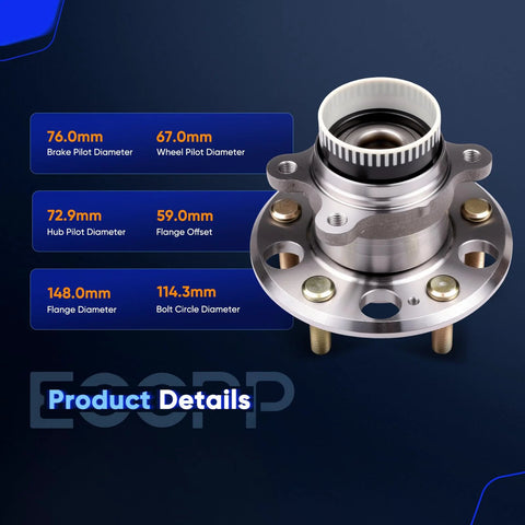 Rear Five-Lug Wheel Bearing And Hub Assembly With ABS product dimensions and details for Hyundai and Kia models.