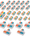 Lever Wire Connectors Kit, Tool-Free Quick Push-In Splice Connectors For Lighting Fixtures, 30-Pack With 2In2Out, 3In3Out, 2In4Out And 2In5Out Inline Wiring, Easy No-Solder Electrical Connectors For 28-12 AWG. "Each connector shown with clear casing and colored levers arranged on a white background."
