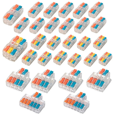 Lever Wire Connectors Kit, Tool-Free Quick Push-In Splice Connectors For Lighting Fixtures, 30-Pack With 2In2Out, 3In3Out, 2In4Out And 2In5Out Inline Wiring, Easy No-Solder Electrical Connectors For 28-12 AWG. "Each connector shown with clear casing and colored levers arranged on a white background."