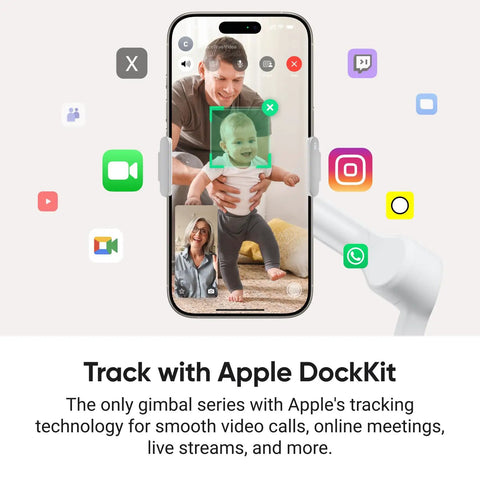 Foldable AI Phone Gimbal Pro Vlog Kit with 360 Pan Tracking showcasing Apple DockKit facilitating video calls on iPhone screen