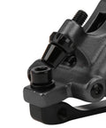 Black Two Piece Hydraulic Disc Brake Set For Mountain And Road Bikes With Aluminum Alloy Body showing detailed caliper close-up.