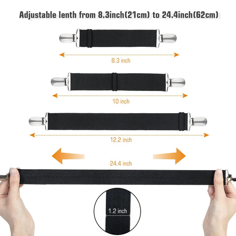 8 Pack Bed Sheet Straps With Adjustable Elastic Fitted Sheet Holders For Corners showing length variation from 8.3 to 24.4 inches