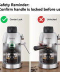 3.5 Bar 4 Cup Espresso Cappuccino Machine With Milk Frother Stainless Steel Compact Home Espresso Maker showing locked and unlocked handle positions