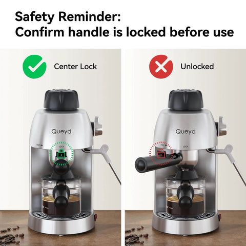 3.5 Bar 4 Cup Espresso Cappuccino Machine With Milk Frother Stainless Steel Compact Home Espresso Maker showing locked and unlocked handle positions
