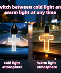 Dual Color LED Car Ambient Light Cross Pendant For Rearview Mirror showing cold and warm glow options in vehicle interior.