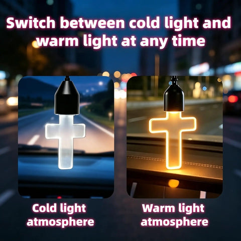 Dual Color LED Car Ambient Light Cross Pendant For Rearview Mirror showing cold and warm glow options in vehicle interior.