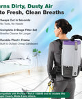Person using a backpack vacuum with a static dissipating backpack vacuum hose with one and a half inch cuffs replacement for ProTeam Super Coach Vac Mode 6 and other models part 103048 1 pack built to last seamless fit high quality vacuum accessory, shown from the side with visible clean room in background.