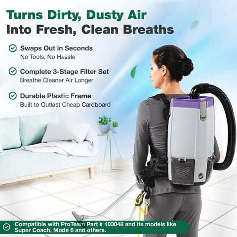Person using a backpack vacuum with a static dissipating backpack vacuum hose with one and a half inch cuffs replacement for ProTeam Super Coach Vac Mode 6 and other models part 103048 1 pack built to last seamless fit high quality vacuum accessory, shown from the side with visible clean room in background.