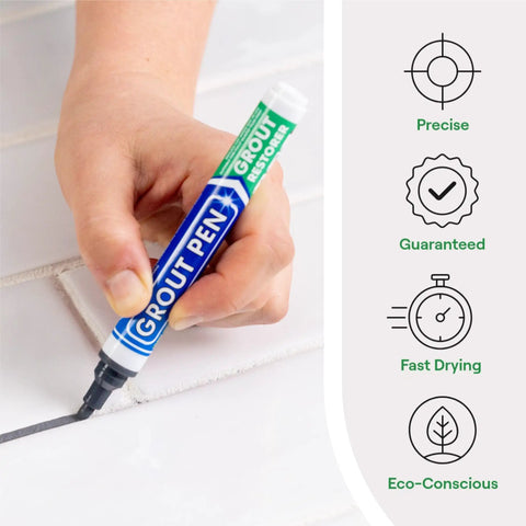 Hand using Dark Grey Grout Pen For Tile Grout Paint Marker Waterproof Colorant With Narrow 5mm Tip for touch-ups on tiles