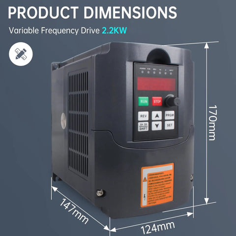 Workhorse 2.2KW 220V Variable Frequency Drive VFD Inverter dimensions displayed in millimeters