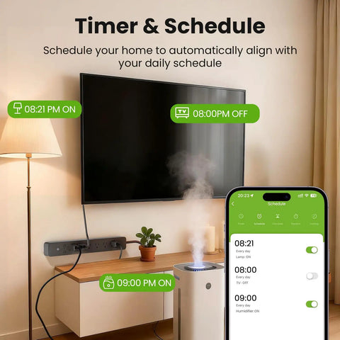 The Real Deal Smart Plug Power Strip With Six Individually Switched Outlets And Three USB Ports Offering Thirty Watt Fast Charge Surge Protector Alexa And Google Home Compatible Energy Monitor Six Foot Cord with a scheduled device in use.