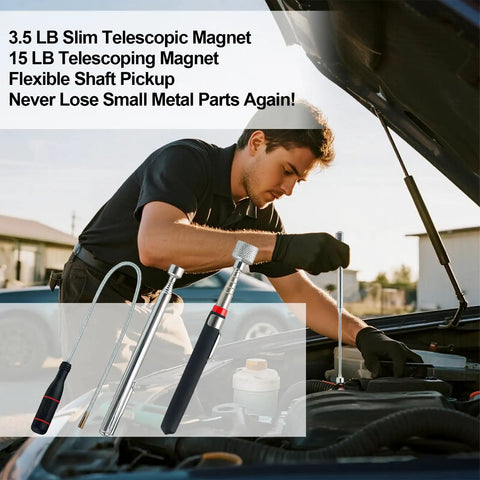 Mechanic using 3 In 1 Magnetic Pickup Set With 15 Lb Telescoping Retriever, 3.5 Lb Slim Magnet For Tight Spots, And Flexible Shaft
