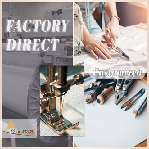 Factory sewing tools and fabric with 'Factory Direct' text, showcasing textile manufacturing and customization process.