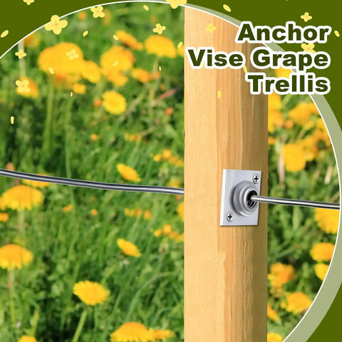 Installed aluminum anchor wire vise set with screws on wooden post in garden, part of 20 Piece Aluminum Anchor Wire Vise Set With Screws For Tightening 8 To 11 Gauge Wire, Heavy Duty Pro Grade Gear For Building Trellises Vineyards Fences Arbors And Garden Projects