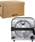 Front view of HANBENYTEX 14L stainless steel lab autoclave sterilizer with pressure gauge and three trays