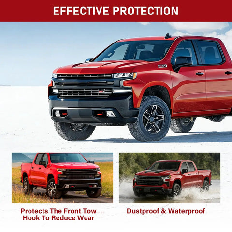 Red Chevy Silverado 1500 with Chevy Silverado 1500 And GMC Sierra 1500 Tow Hook Covers Front Bumper Inserts Custom Fit 2007 2026