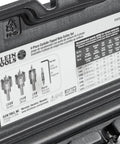 Hole cutter kit, 4-piece carbide-tipped, Klein Tools, in a rust-proof molded plastic case.