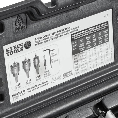 Hole cutter kit, 4-piece carbide-tipped, Klein Tools, in a rust-proof molded plastic case.