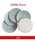 Get 300 Pcs Of Pro Grade 2 Inch Round White Hook And Loop Sanding Discs With Peel Switch Backing For Effortless Tool Free Swapping Plus Dust Venting Holes To Keep Your Work Area Clean While You Crush It Like A Boss, showing various sanding discs.