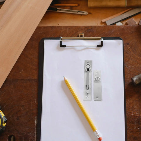 Heavy Duty Hidden Door Hinge Stainless Steel Concealed Cabinet Pivot Hinge on clipboard with pencil