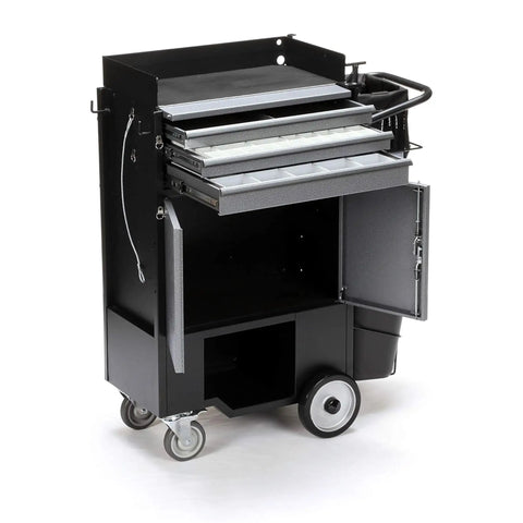 Hella Sturdy Three Drawer Rolling Utility Cart For HVAC Pros And Major Equipment Rig With Zero Tool Hassle and Rock Solid Portable Storage Organizer For Main Shop Warehouse And Active Site Work, showing three drawers and a sturdy black finish.