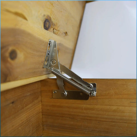80 Degree Bench Seat Hinge Pair Heavy Duty Steel Cabinet Door Hardware for toy box chest lid support silver installed view