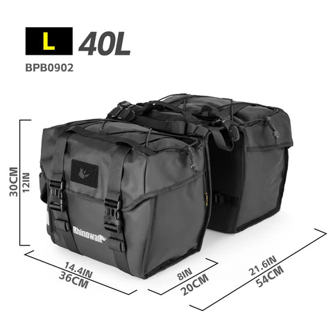 Waterproof Bike Pannier Bag 40L Large Capacity Dual Sided Rear Rack Saddle Bags for Touring and Commuting, black, dimensions.