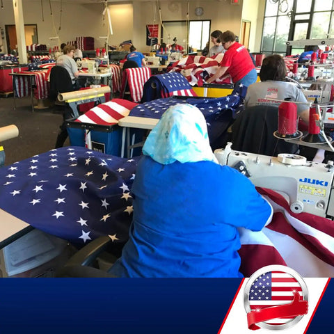 Workers sewing Outdoor 3x5 US Flag Built Tough For Windy Weather Anti Tear Heavy Duty Polyester Waterproof And Fade Resistant