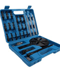 Rock Solid Steel Bearing Puller Set For Auto Wheel Hub Repair With Pro Extractor Tool 33 Piece Kit open blue case with puller parts