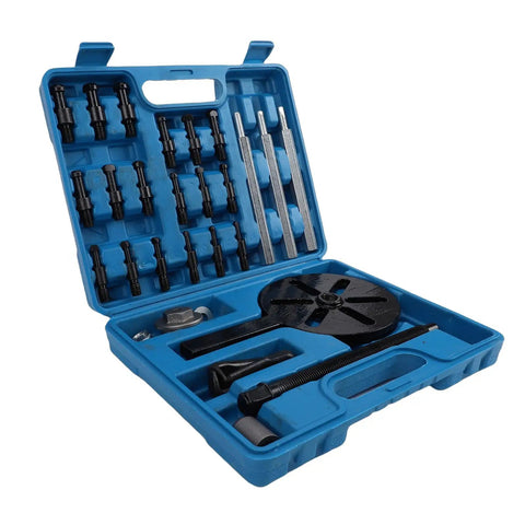 Rock Solid Steel Bearing Puller Set For Auto Wheel Hub Repair With Pro Extractor Tool 33 Piece Kit open blue case with puller parts