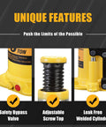 Beefy 12 Ton Hydraulic Bottle Jack With Pump Handle Portable Car Jack For Cars And SUVs unique features image showing safety valve, screw top, and welded cylinder.