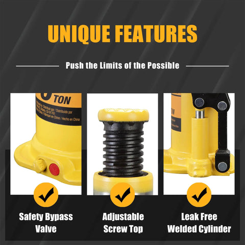 Beefy 12 Ton Hydraulic Bottle Jack With Pump Handle Portable Car Jack For Cars And SUVs unique features image showing safety valve, screw top, and welded cylinder.