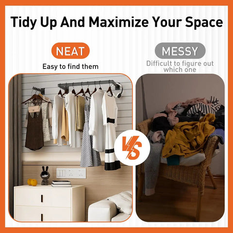 Slatwall Display Accessories Kit With U Shaped Tubing Hang Rails And Waterfall Hooks For Clothing Retail organized vs messy clothes