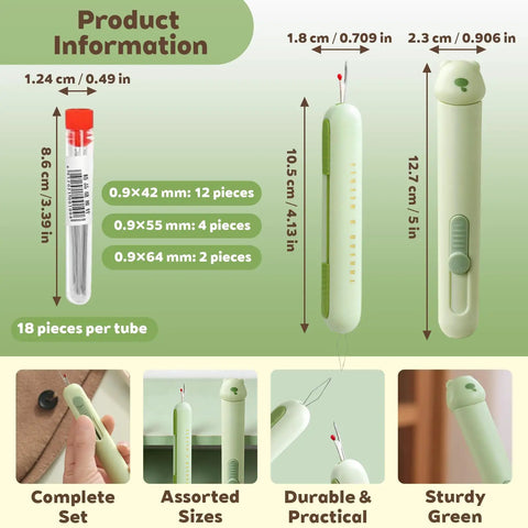 Product dimensions of All-In-One Needle Threader And Seam Ripper Set With 3-In-1 And 2-In-1 Dual-End Designs.