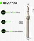 Front view of SHARPRO 1/8 in ball-nose carbide CNC router bit with 1/4 in shank