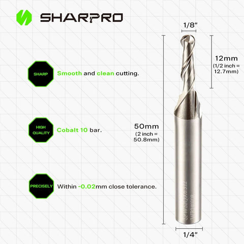 Front view of SHARPRO 1/8 in ball-nose carbide CNC router bit with 1/4 in shank