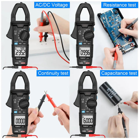 True RMS Clamp Meter For Auto Ranging 6000 Counts With 600A Capacity And Built In Flashlight Backlight Measures NCV AC DC Voltage And Current Continuity Capacitance Diode Resistance And Temperature For Car Home And Industrial Fixes on circuit tests