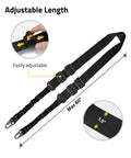 Two Point Rifle Sling With Length Adjuster And Upgraded Metal Hooks, Durable Nylon Construction, Adjustable Sling With Thumb Loop, All Day Comfort For Outdoors And Range, Built For Action, Black, showing 60-inch max length and 1.5-inch width.