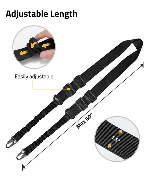 Two Point Rifle Sling With Length Adjuster And Upgraded Metal Hooks, Durable Nylon Construction, Adjustable Sling With Thumb Loop, All Day Comfort For Outdoors And Range, Built For Action, Black, showing 60-inch max length and 1.5-inch width.