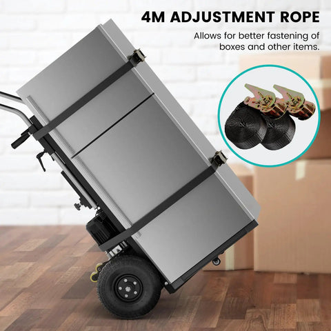 Electric Stair Climbing Dolly And Foldable Hand Truck With 1200W Motor Touch Control Panel, showing 4m adjustment rope for secure fastening.