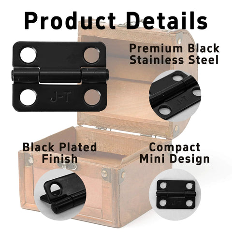 Sturdy Black Stainless Steel 1 Inch Cabinet Hinges Set Of 10 Mini Folding Butt Hinges For Wood Doors Wooden Boxes And Small DIY Craft Projects Precise 25x19mm Size With Easy Install Screws For Hassle Free Setup shown with wooden box