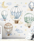 Watercolor Hot Air Balloon Wall Stickers Peel And Stick Set For Baby Nursery Kid Friendly Bedroom Decor With Star Moon Cloud Balloons