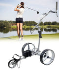 Heavy Duty Electric Golf Push Cart With Remote Control And Hella Portable Foldable Trunk Setup showcasing a golfer with the cart.