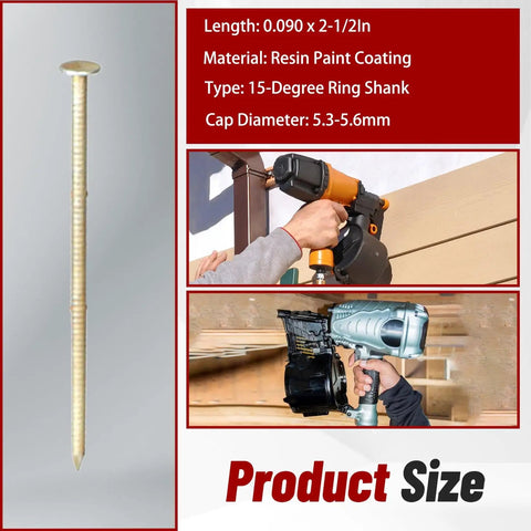 3600 Count Siding Nails Two And A Half Inch By 0.090 Inch 15 Degree Wire Collated Coil Resin Paint Coated Ring Shank For Rough Nailing Lathing And Sheathing Materials shown next to nail gun