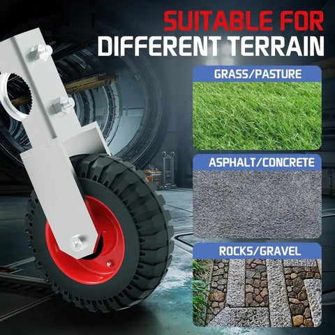 6 Inch Heavy Duty Undermount Gate Wheel Crafted From Galvanized Steel And Car Rubber Tires on various terrains like grass, asphalt, and gravel.