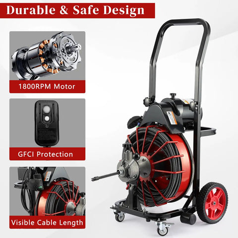 Heavy Duty 550W Drain Cleaning Machine features 1800RPM motor, GFCI protection, and visible 100ft steel cable for clog removal.