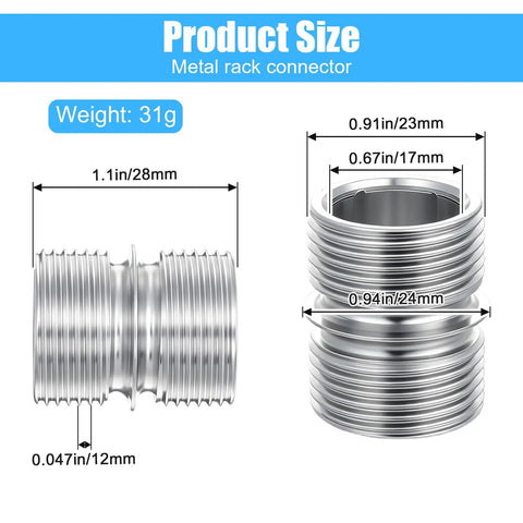Heavy Duty Wire Shelving Pole Connectors And 8 Pack Coarse Thread Mounting Rods detailed size illustration of metal connectors with dimensions.