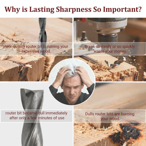 Image showing the effects of poor-quality router bits on wood, emphasizing the importance of lasting sharpness for cost-efficiency.