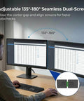 Two Pack Magnetic Monitor Bracket For All Computer Monitors Curved And Flat Screens Snap On Magnetic Connection Tool With Strong Adhesive For Easy Dual Monitor Setup And Quick Screen Alignment being used to align two flat screen monitors on a desk.