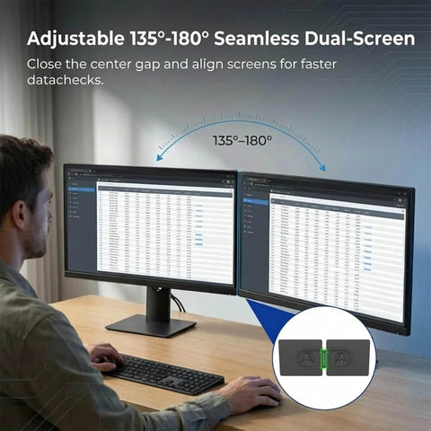Two Pack Magnetic Monitor Bracket For All Computer Monitors Curved And Flat Screens Snap On Magnetic Connection Tool With Strong Adhesive For Easy Dual Monitor Setup And Quick Screen Alignment being used to align two flat screen monitors on a desk.